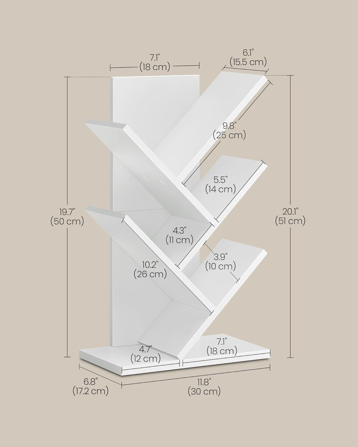 5 Tier Tree Bookshelf White Small Corner Bookcase Space Saving 51cm
