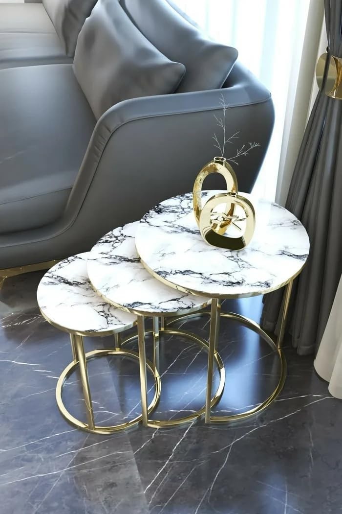 Round Nesting Coffee Side Tables Set Tempered Glass Top Space Saving 50cm