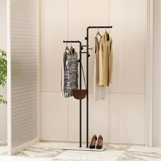 Black Metal Coat Rack with Marble Base 170cm Tall Clothes Organizer Stand