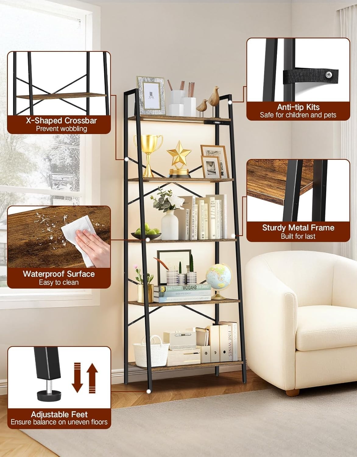 5 Tier Ladder Shelf LED Lights Dimmable Tall Bookcase Corner Unit