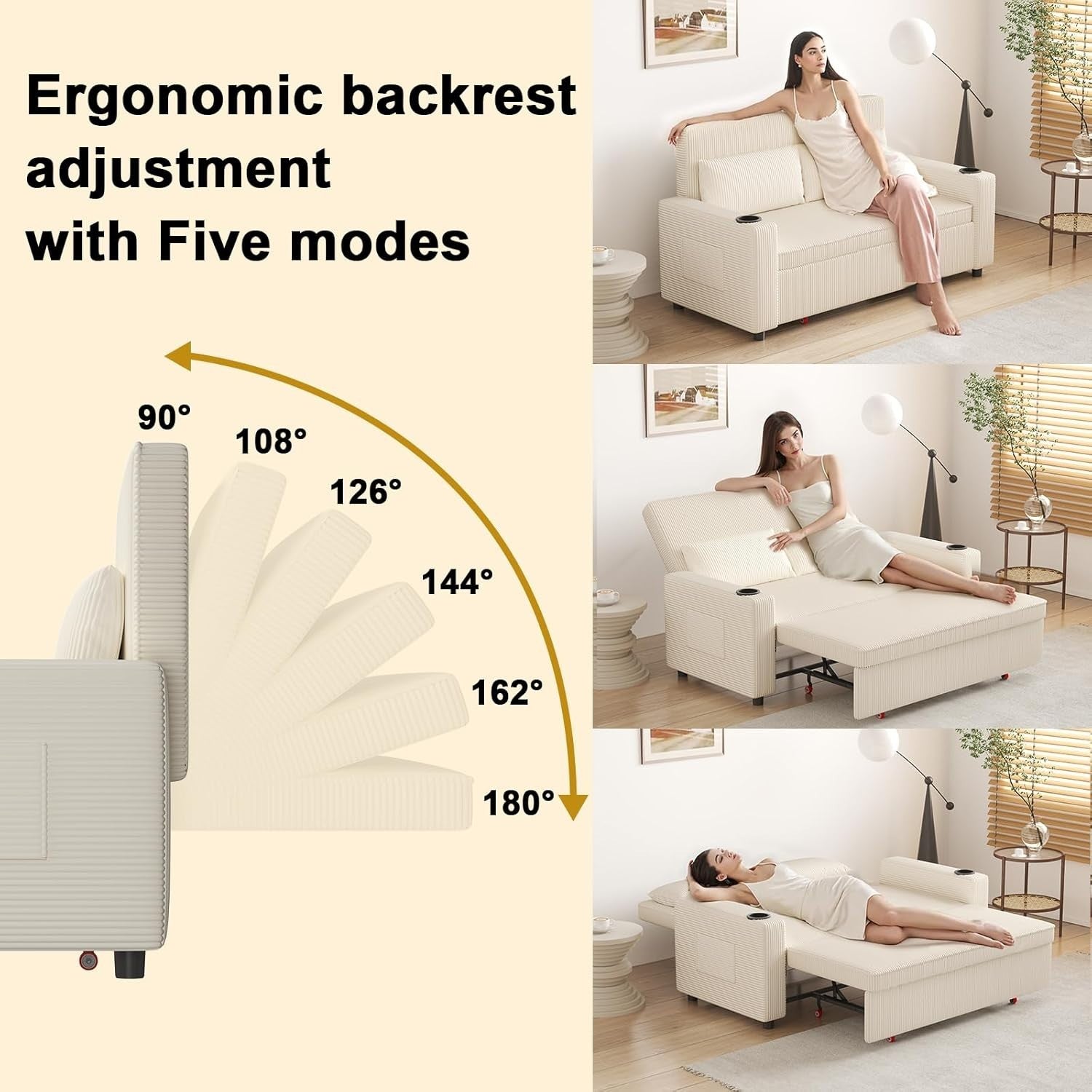 2 Seater Pull Out Sofa Bed Couch Sleeper w/ Storage Modern Beige Settee