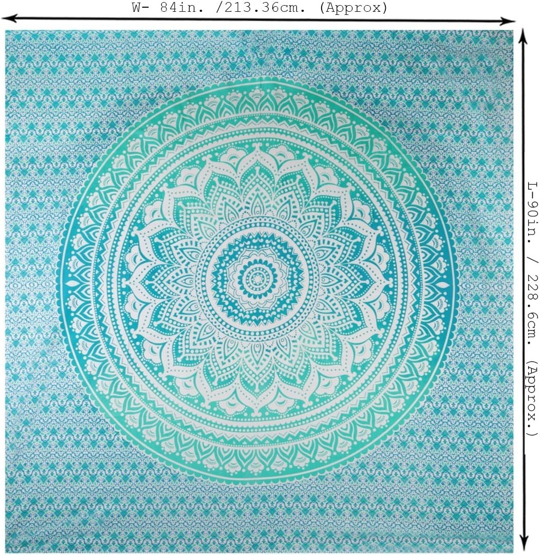 Sea Green Ombre Mandala Cotton Tapestry 213x230cm Boho Decor
