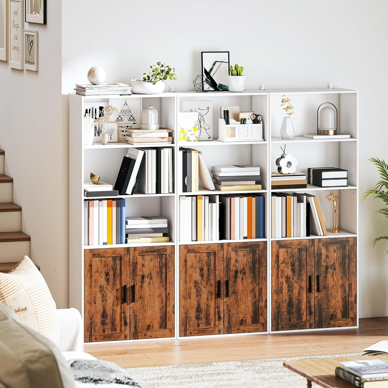 Tall 5-Tier Bookcase with Doors, Adjustable Shelf, Rustic Storage Unit for Home