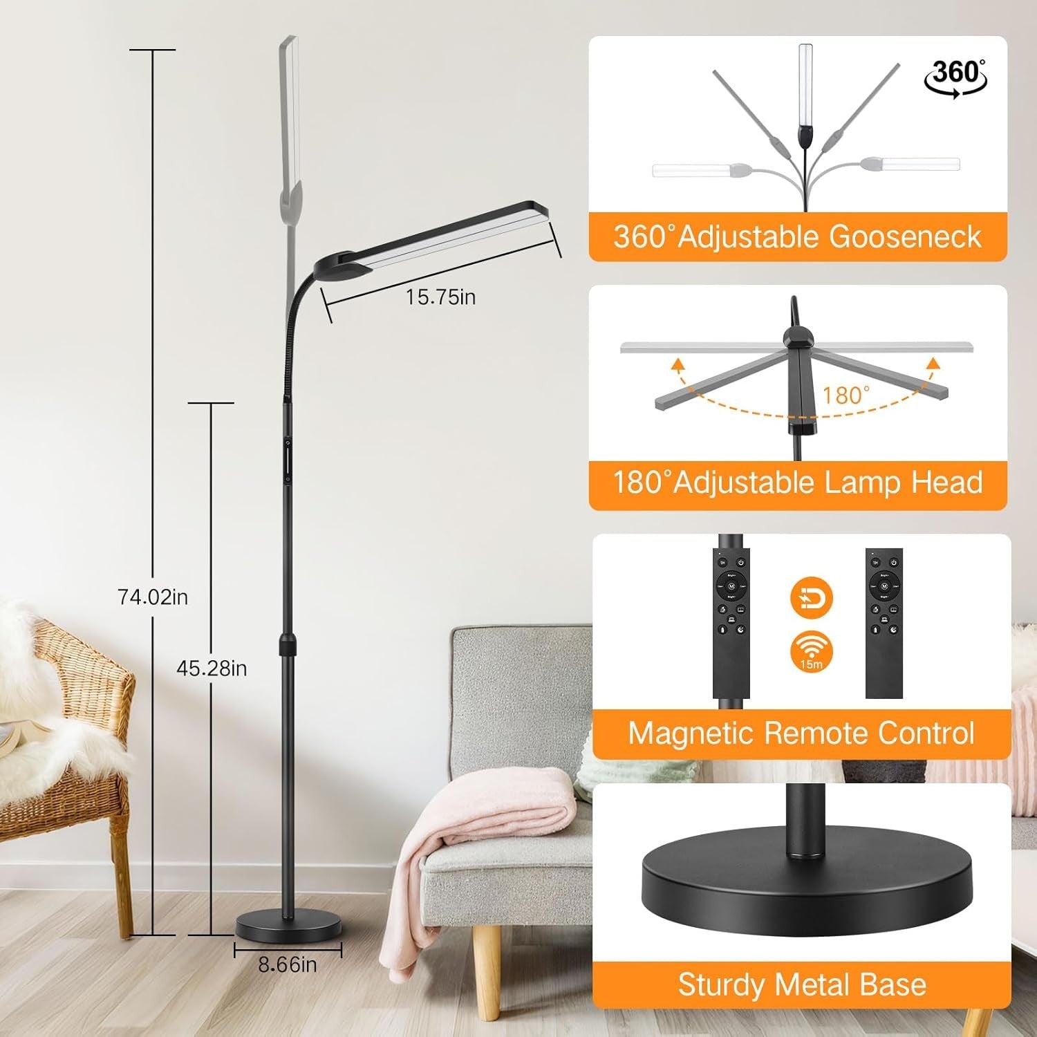 Double Head LED Floor Lamp Dimmable Remote Touch Adjustable Reading Light