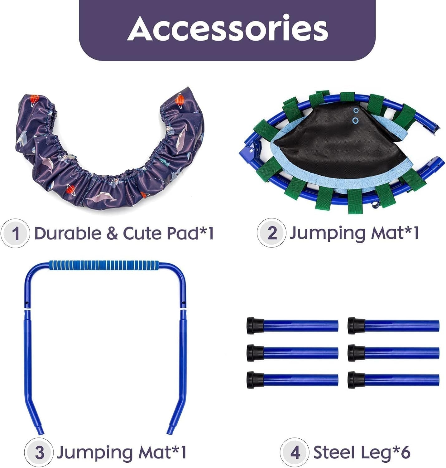 38in Kids Quiet Foldable Trampoline Adjustable Handle Indoor Outdoor