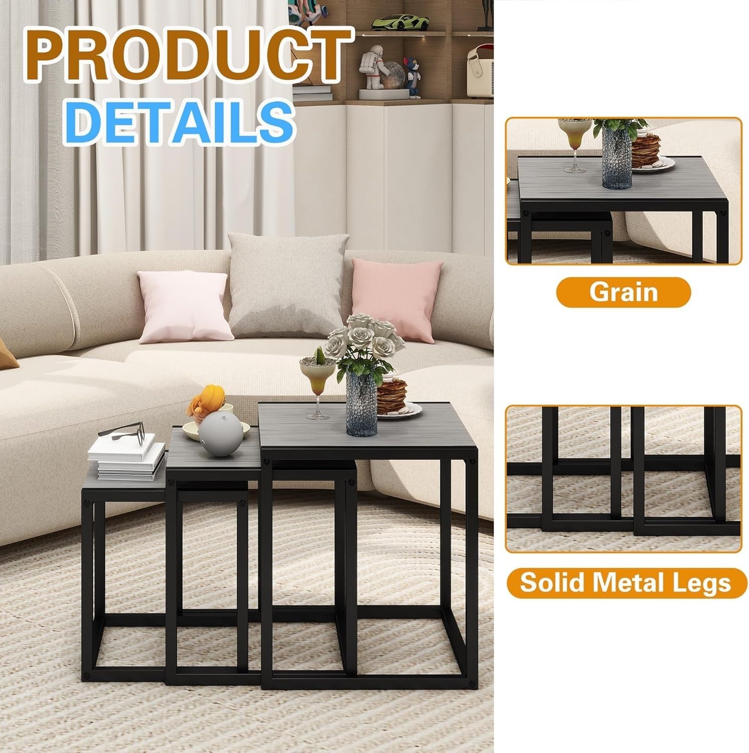 3 Nesting Coffee Tables Set Wood Metal Grey Round Side End Modern Living Room