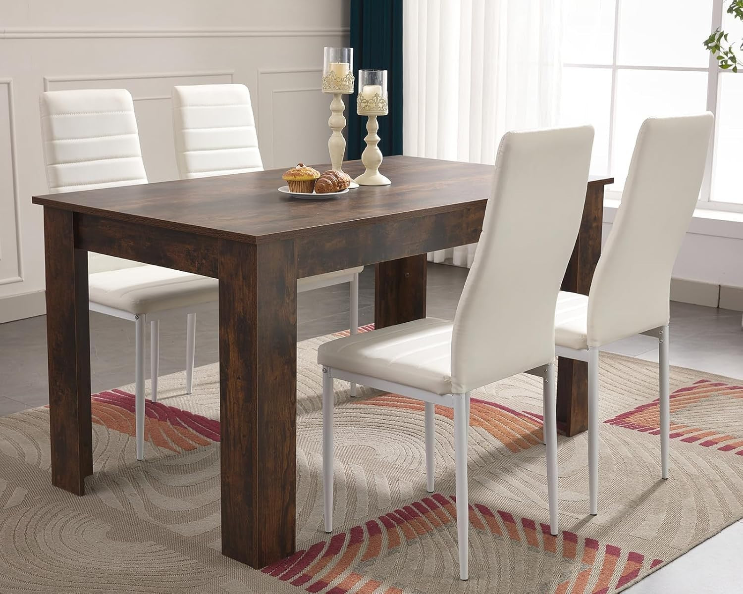 Modern Dining Table Set 4 PU Chairs Rustic Wood Look 112x80cm Kitchen