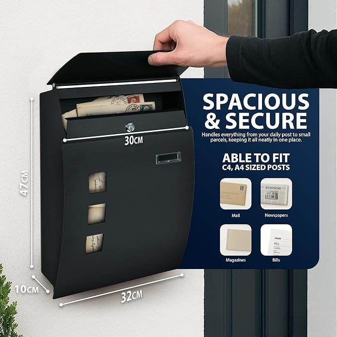 Wall Mounted Lockable Mailbox Waterproof Steel Post Box w/ Windows & Nameplate