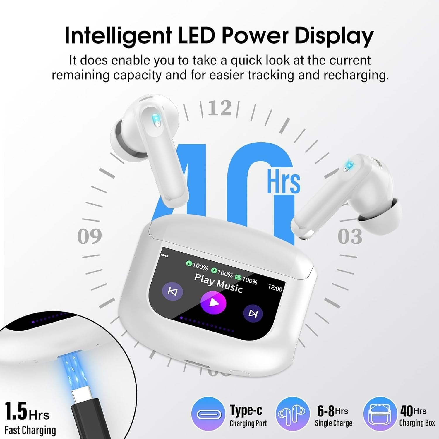 Wireless Earbuds Bluetooth 5.4 ANC Headphones Smart LED Touch Screen 40H White