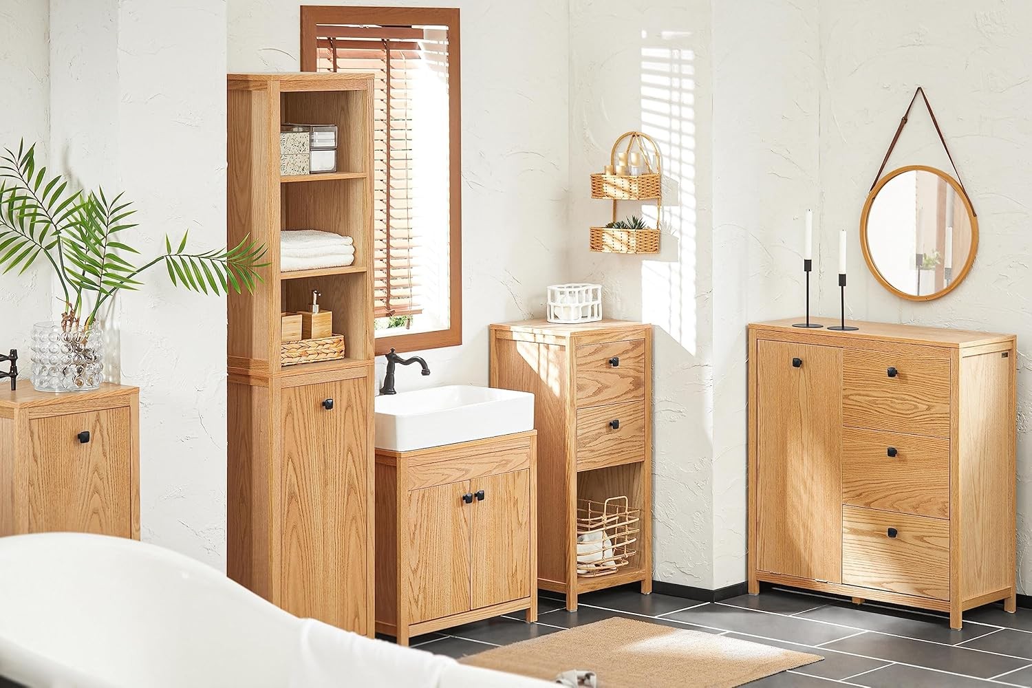 Natural Oak Bathroom Vanity Cabinet 60cm Under Sink Storage Unit with Double