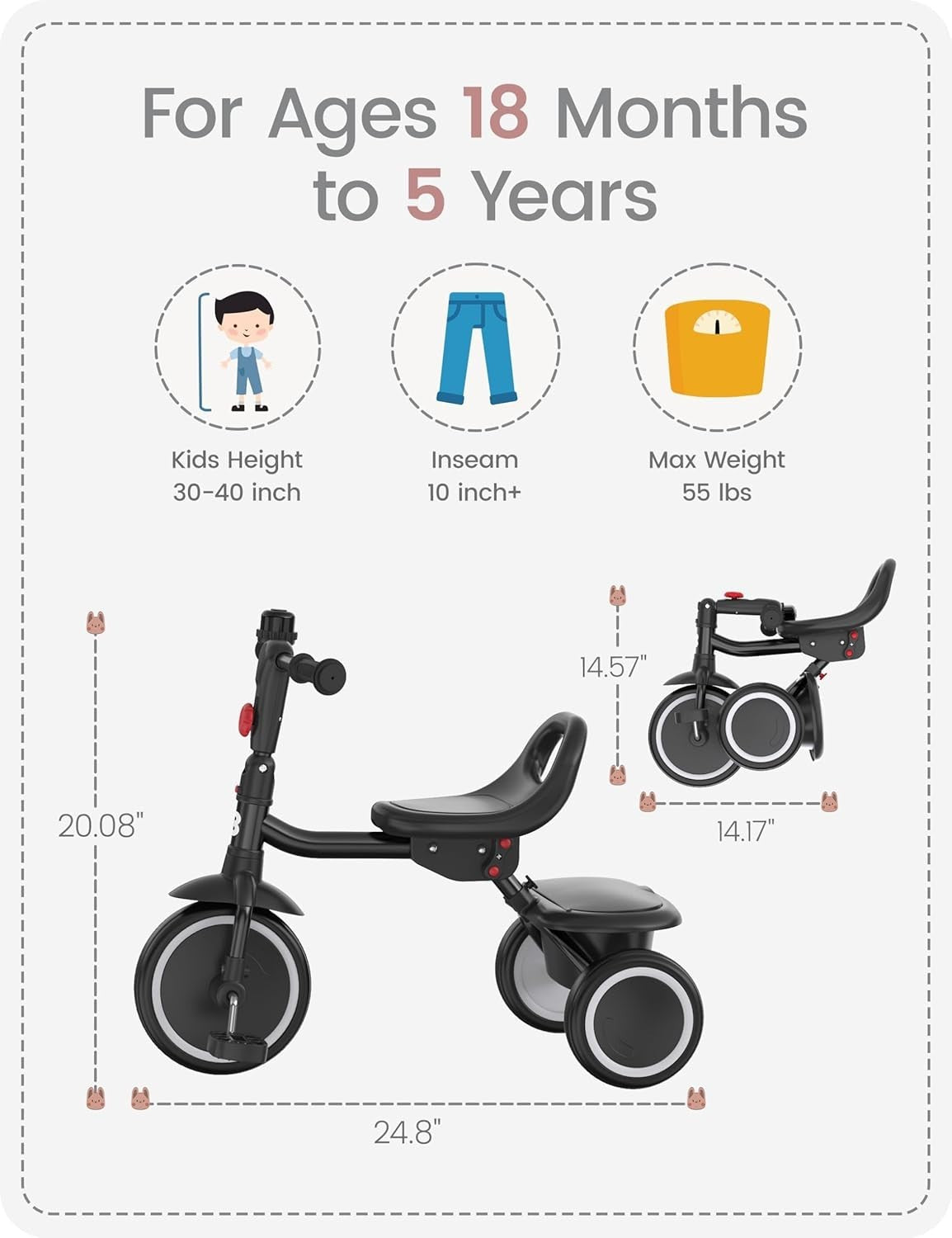 Foldable Toddler Tricycle Kids Trike Adjustable Seat Black Age 18M-5Y