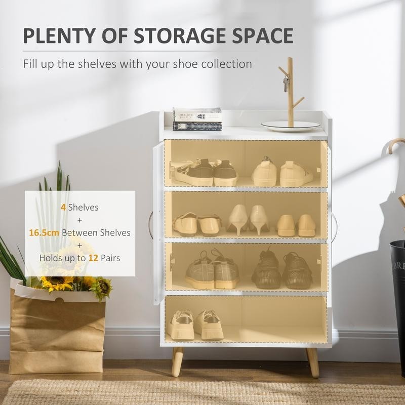 Slim White Shoe Storage Cabinet with Doors, Open Shelf & Wooden Legs