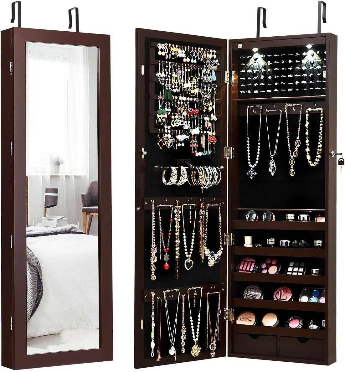 Wall Mount Jewelry Armoire LED Full Length Mirror Lockable Storage Brown