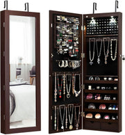 Wall Mount Jewelry Armoire LED Full Length Mirror Lockable Storage Brown