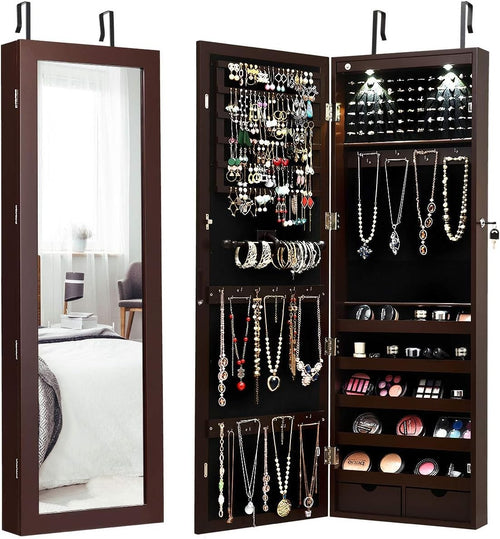 Wall Mount Jewelry Armoire LED Full Length Mirror Lockable Storage Brown