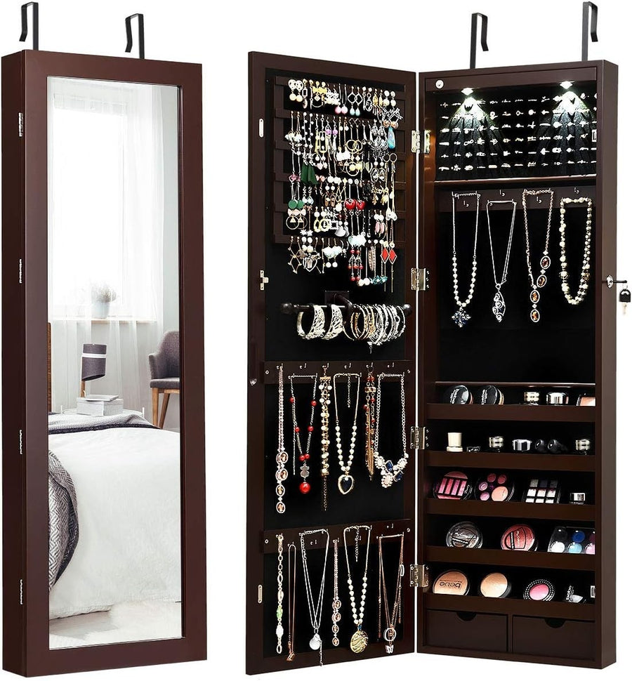 Wall Mount Jewelry Armoire LED Full Length Mirror Lockable Storage Brown