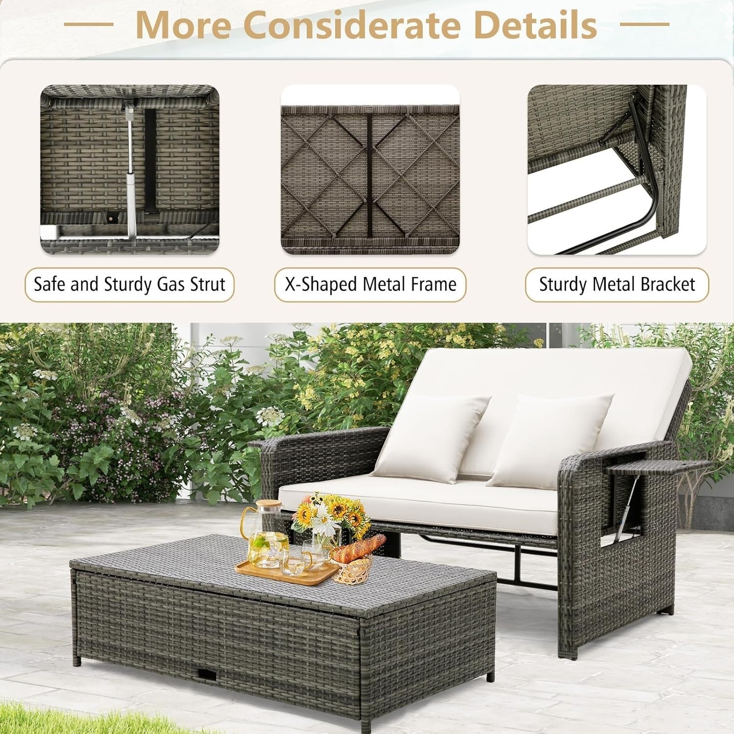 White+Grey 2-Seater Rattan Daybed Outdoor with Adjustable Back & Ottoman