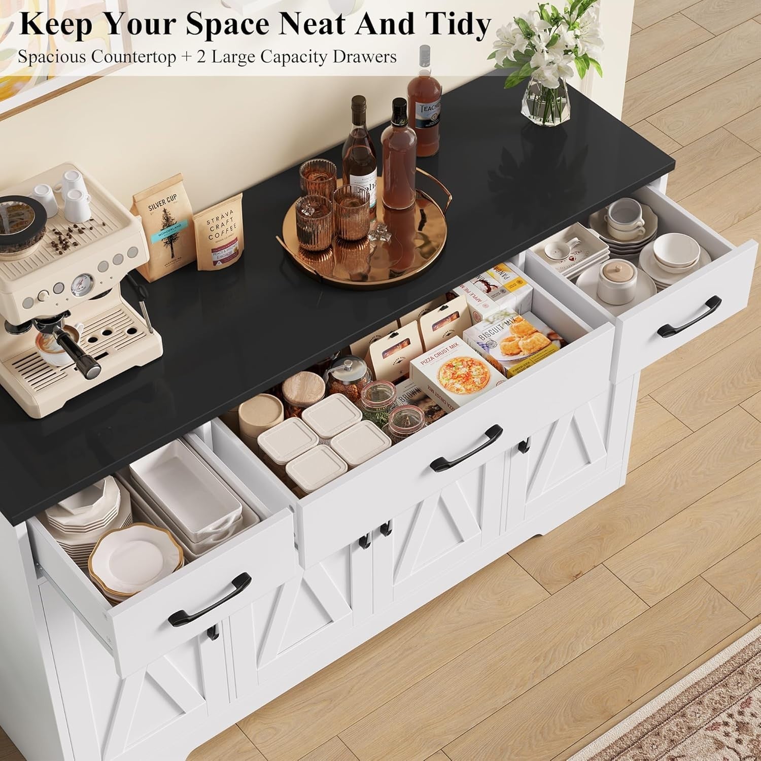 White & Black 140cm Kitchen Sideboard 3 Drawers 4-Door Adjustable Shelf