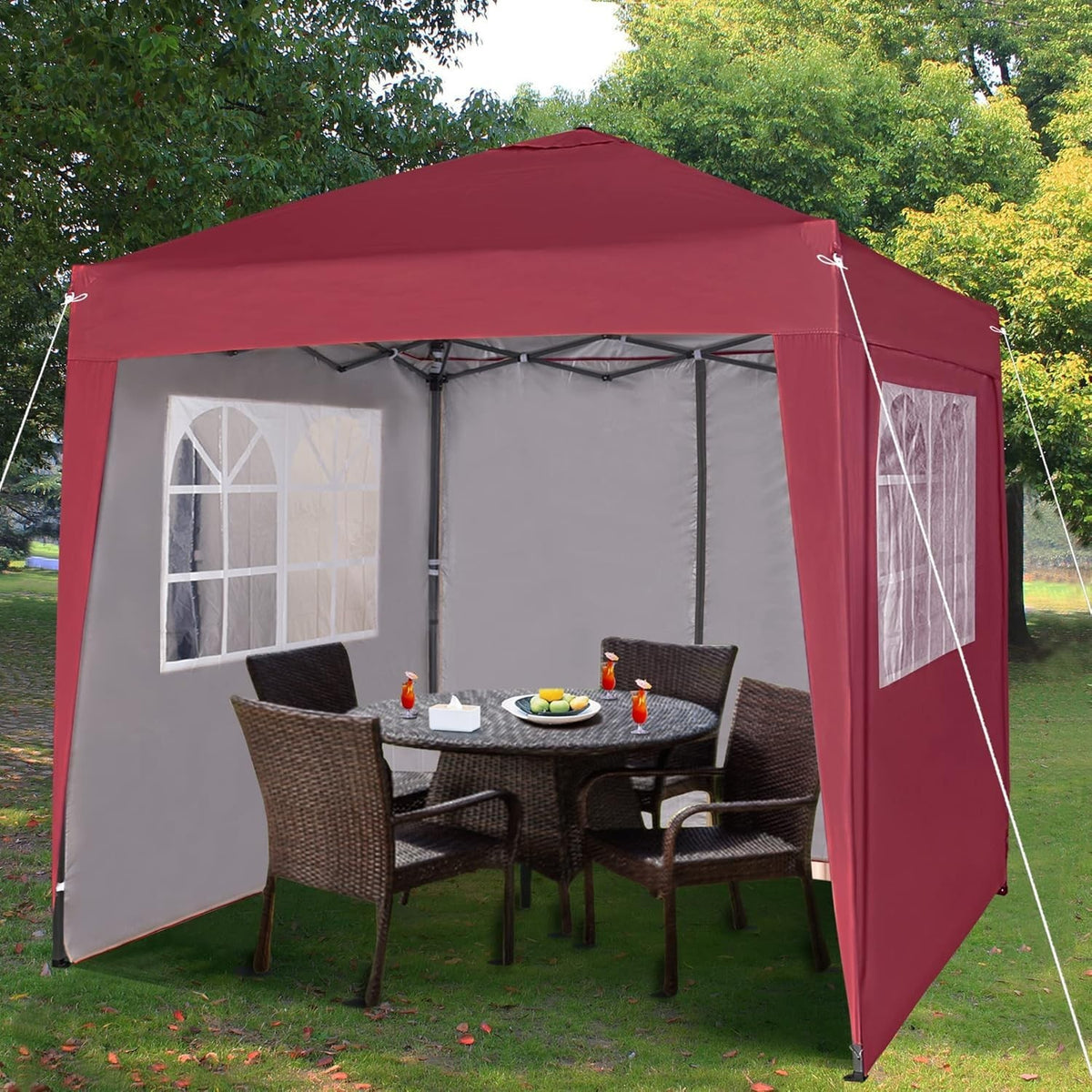 2x2m Pop Up Gazebo Waterproof w/ Sides Red Silver Protective Canopy