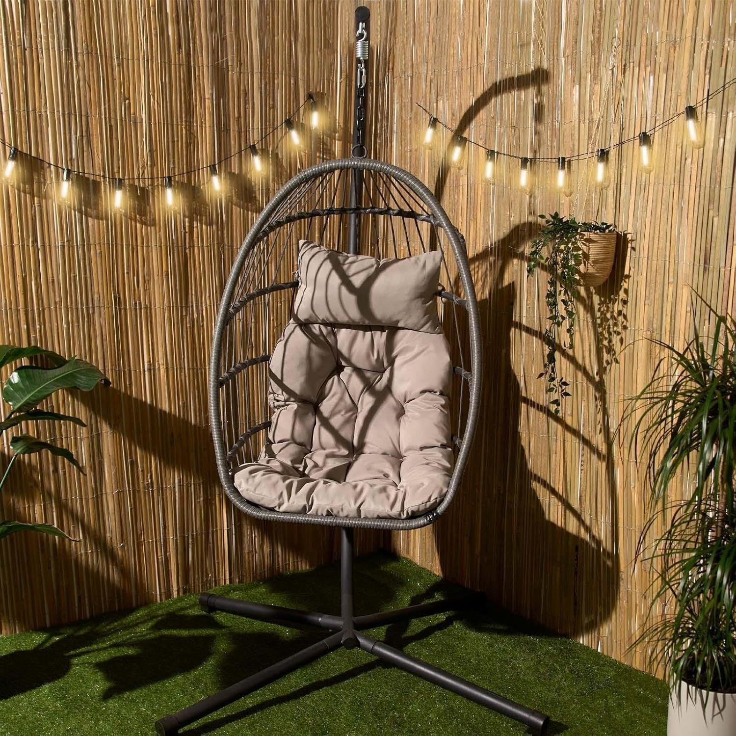 Grey Rattan Hanging Egg Chair with Stand | Outdoor Garden Swing Seat