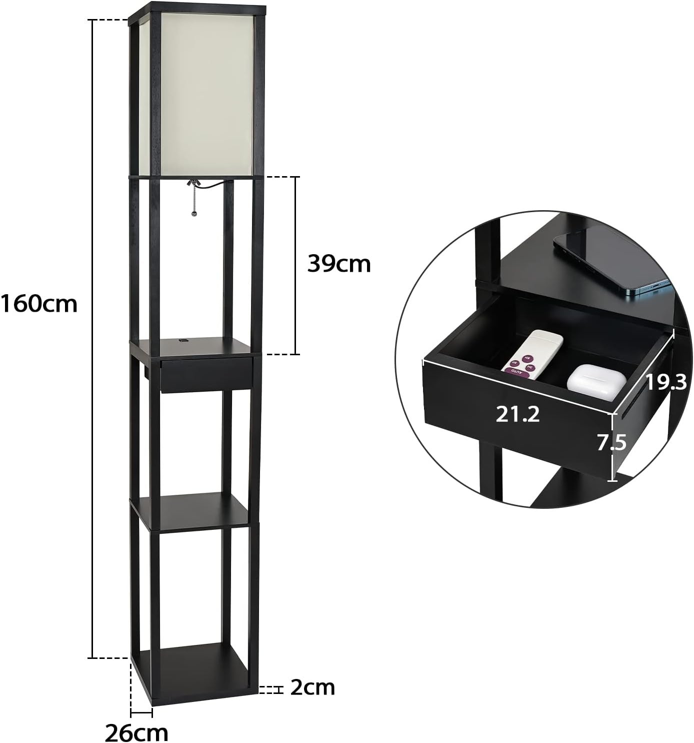 Floor Lamp with Shelves USB Charging Drawer Modern Reading Light Black