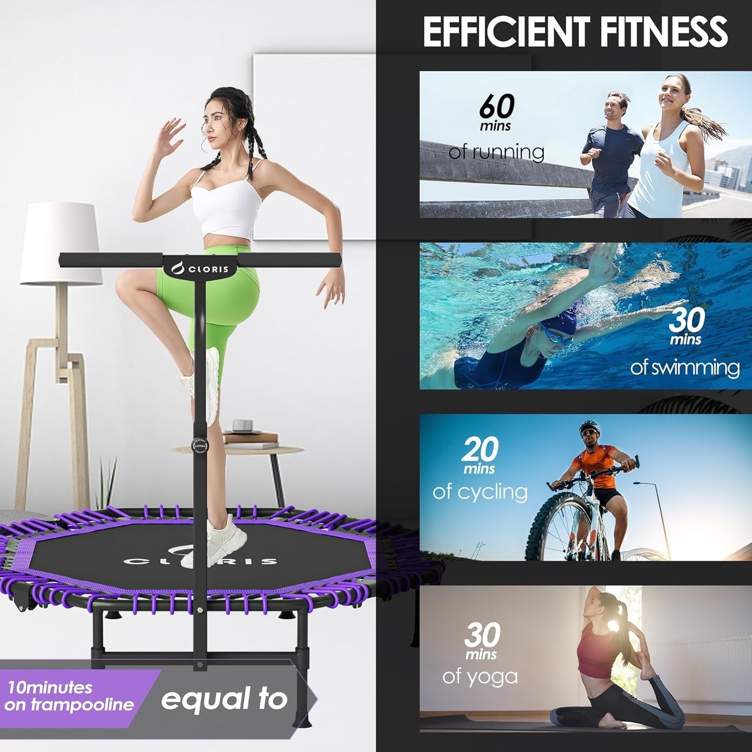 48” Folding Fitness Trampoline Rebounder Adjustable Handle 450lbs