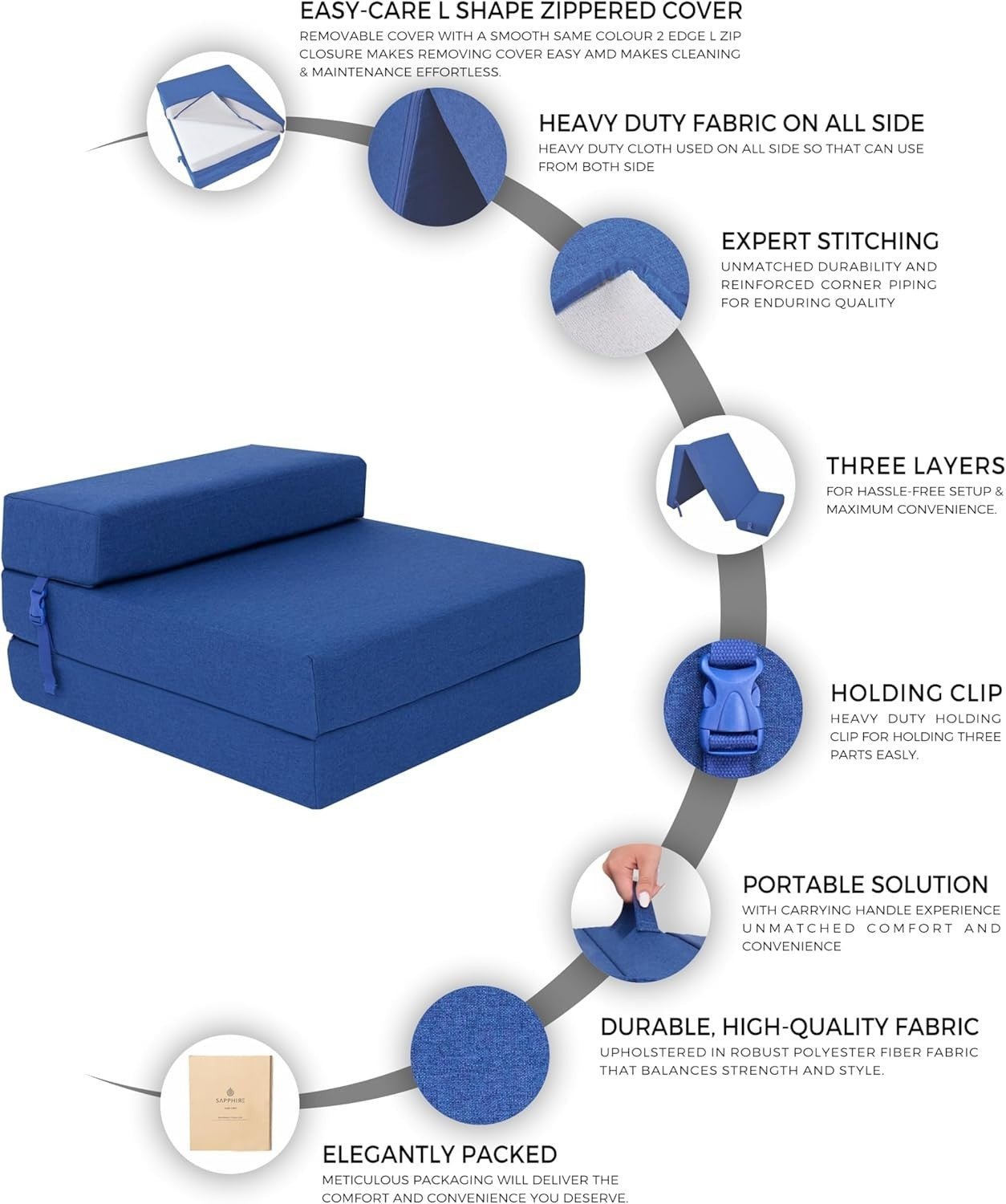 Tri Fold Z Bed Chair Sofa Guest Futon Single Foam Mattress Seat Navy