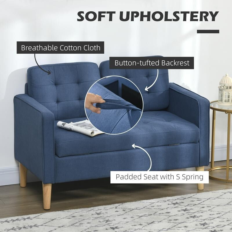 2 Seater Sofa Blue Storage Couch Tufted Fabric Compact Seat Wooden Legs