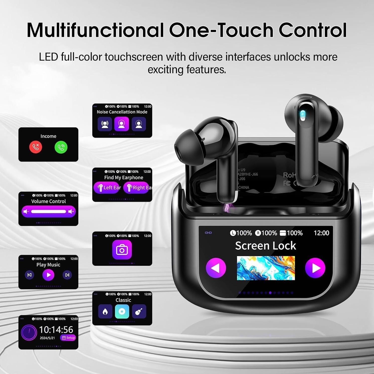 Wireless Earbuds Bluetooth 5.4 ANC Noise Cancelling Earphones HD Mic 40H Black