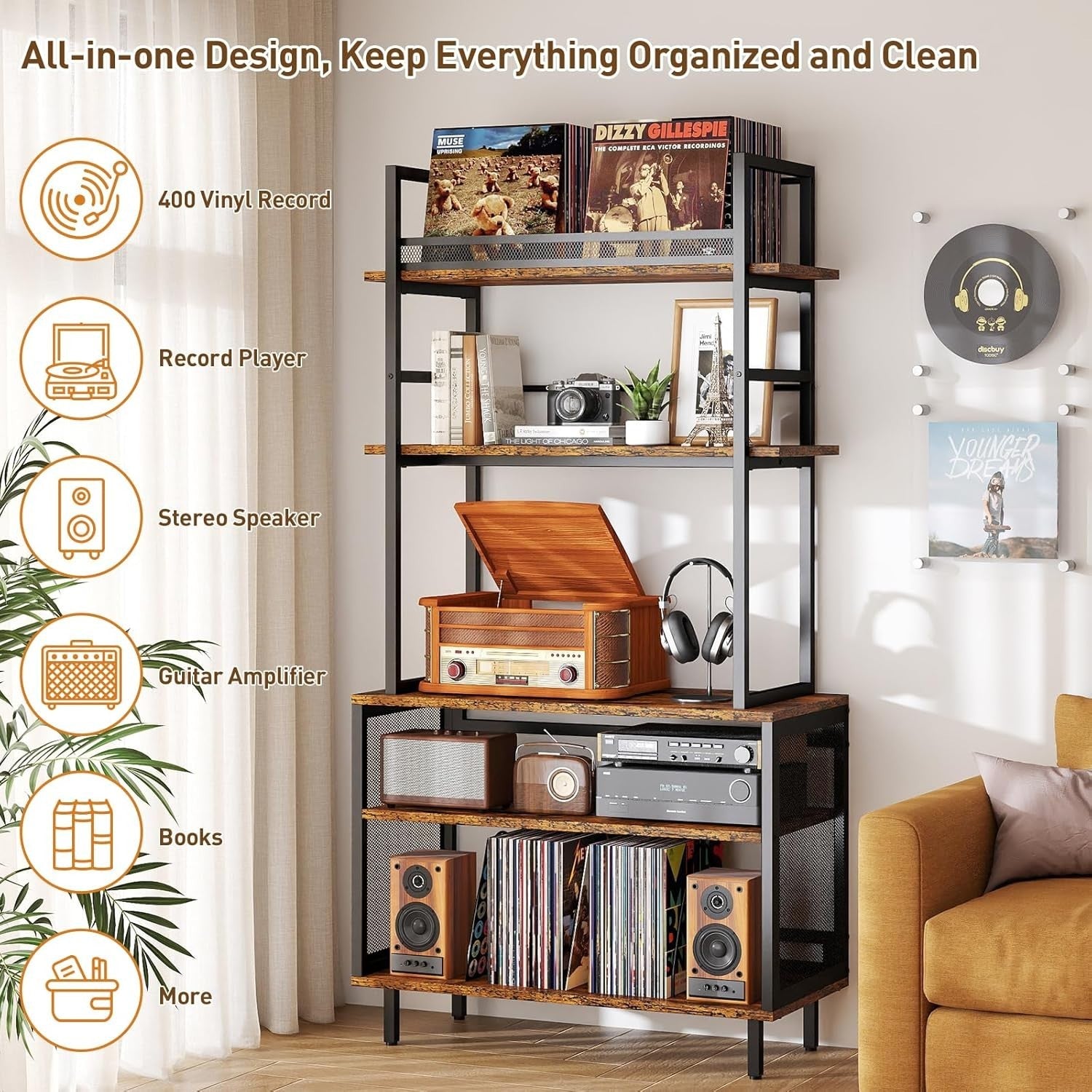 5 Tier Record Player Stand Vinyl Storage Rack Holds 400+ Albums