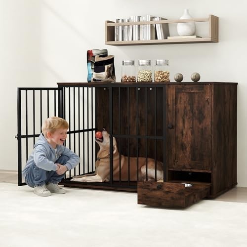 Heavy Duty Dog Crate Furniture with Hidden Bowls & Storage Cabinet