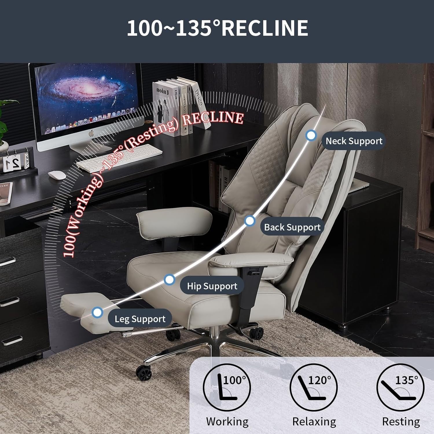 Heavy Duty Big Tall Office Chair PU Leather Oversized Desk Seat Light Grey