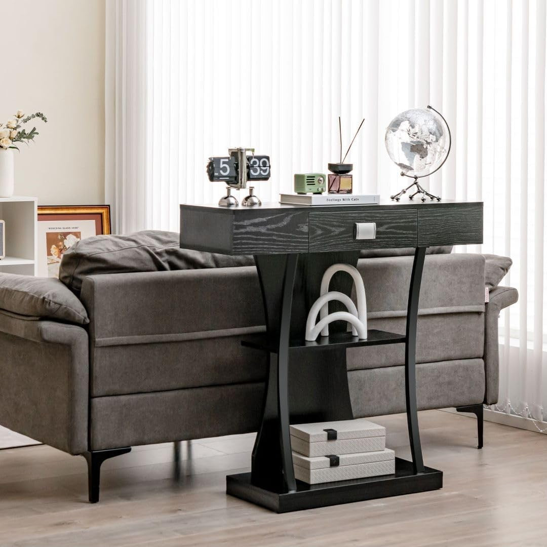 Black T-Shaped Console Table with Drawer & Shelves – Slim Hallway Storage