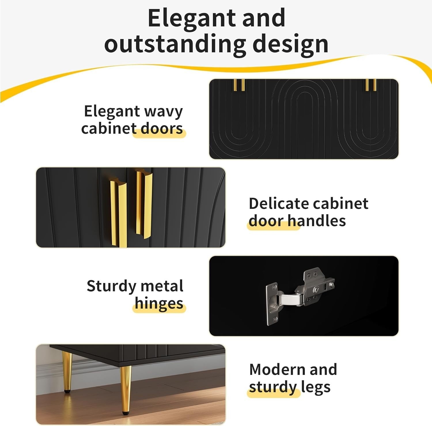 Black Sideboard Cabinet 4 Doors Gold Handles Modern Wave Storage Unit