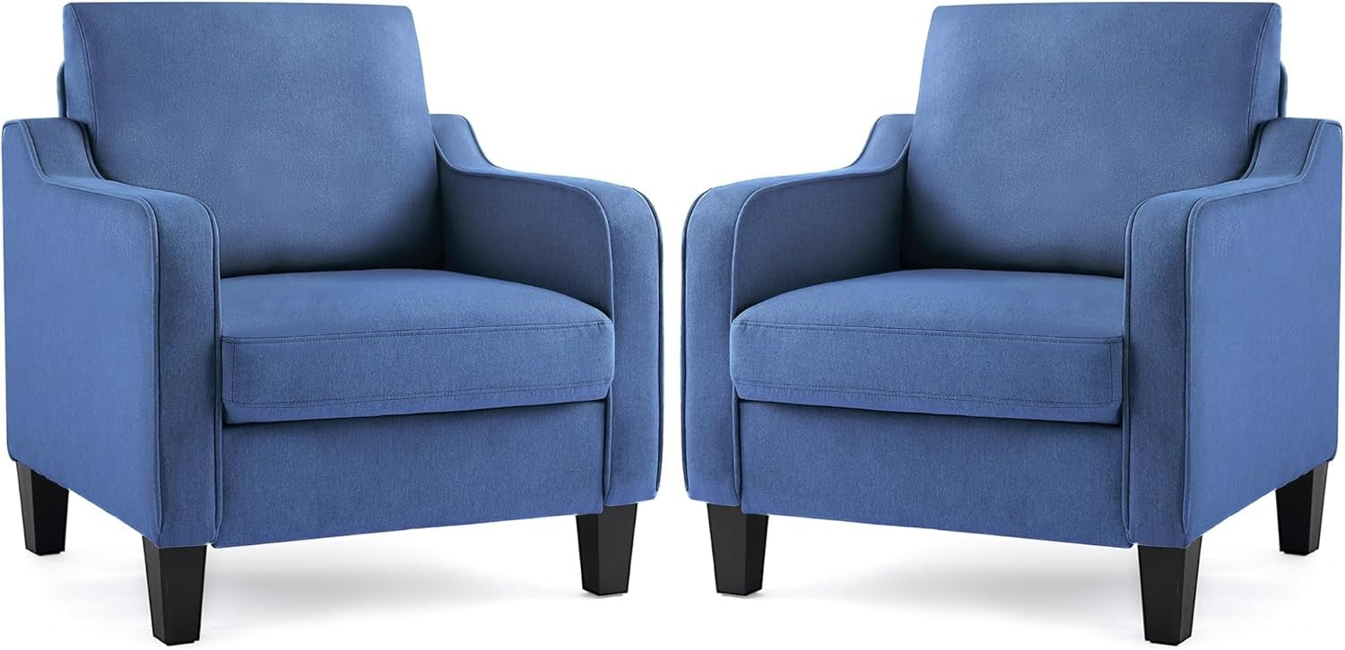 Set of 2 Mid Century Modern Accent Armchairs Linen Blue