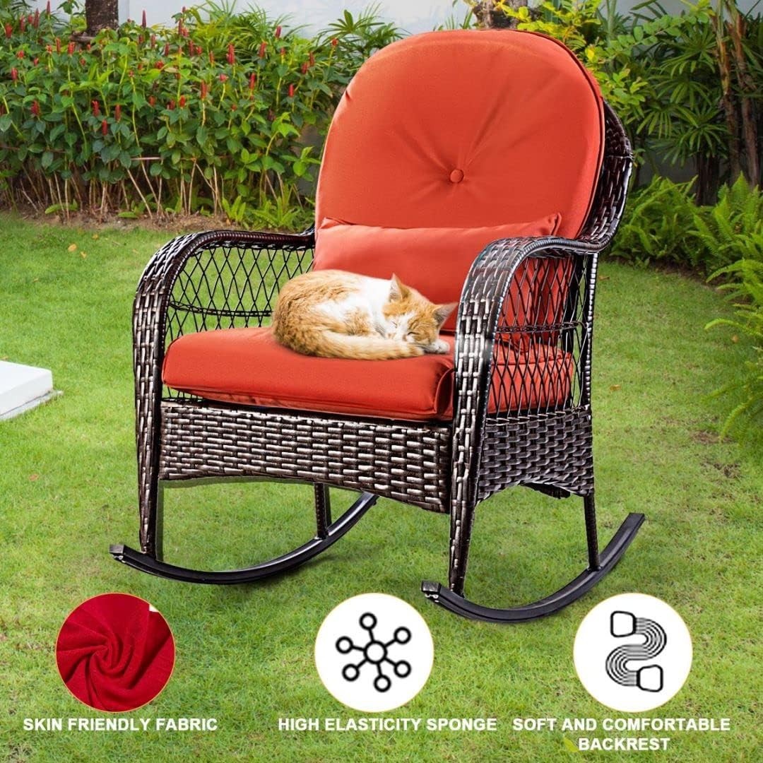 Red Rattan Rocking Chair Cushioned Patio Garden Porch Outdoor Relax Armchair