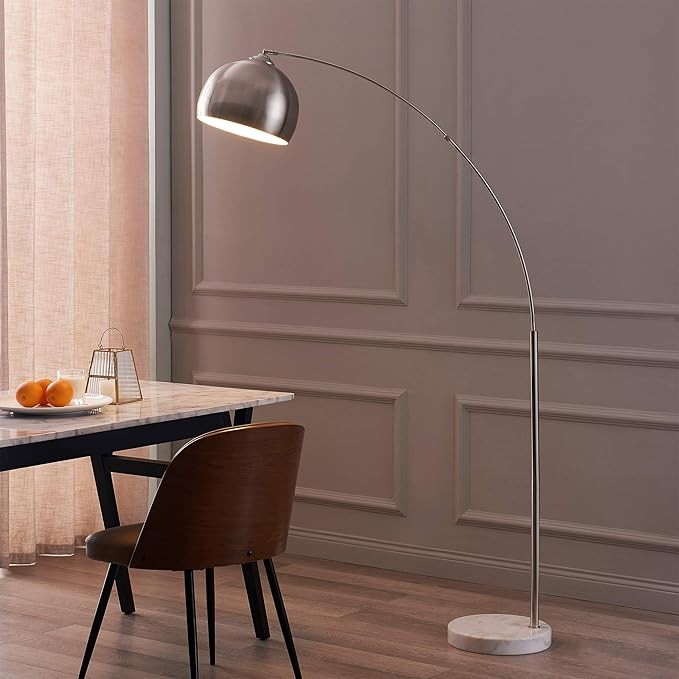 Arc Floor Lamp Silver Nickel Bell Shade Marble Base Modern Standing Light