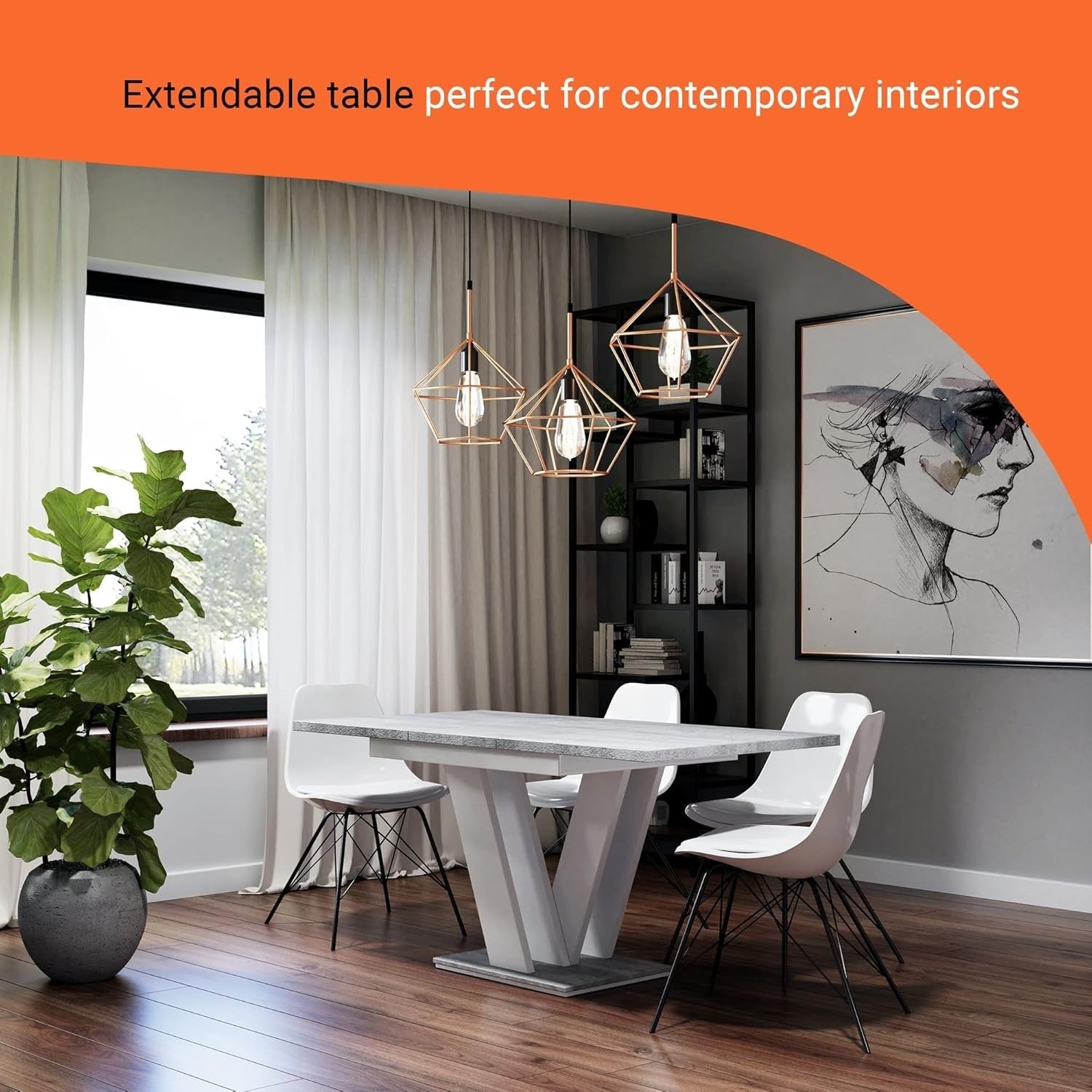 Extendable White Dining Table Gloss Stone Effect 4-6 Seater Small Spaces