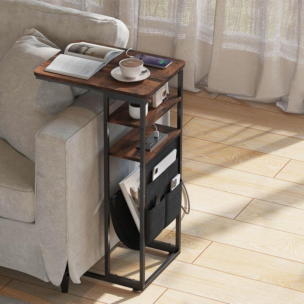 Retro C-Shaped End Table with Charging Station 3-Tier Storage Slim Sofa Table