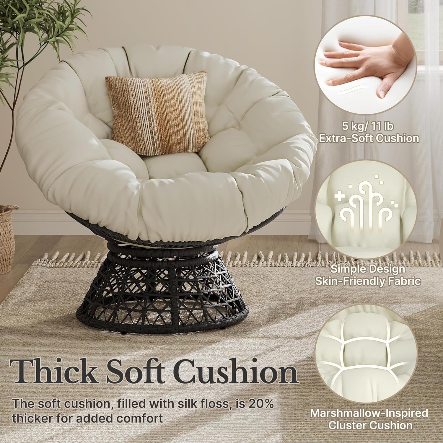 Beige Papasan Moon Chair Oversized Round Swivel Lounge Chair with Plush Cushion