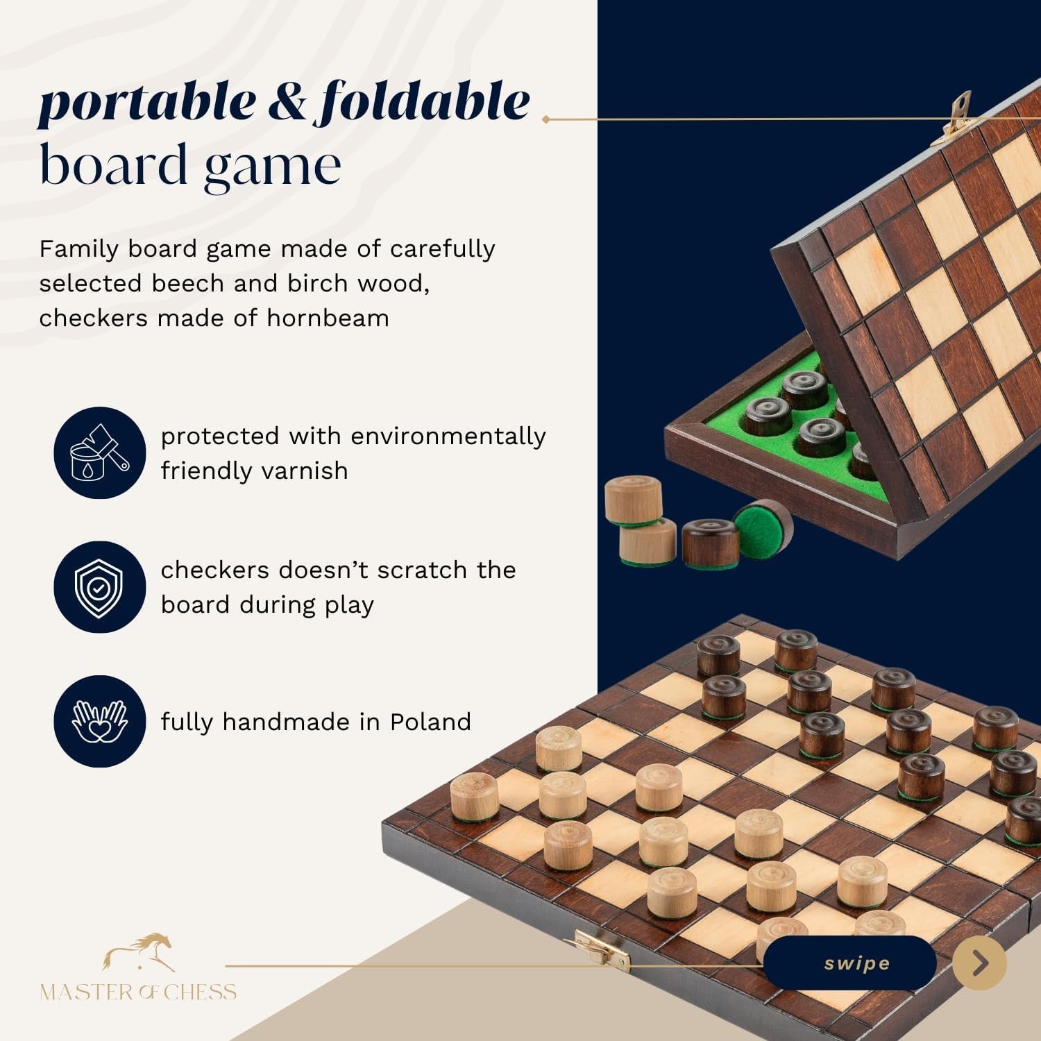 25cm Wooden Checkers Set | Folding 64-Square Travel Draughts Board | Compact Gam
