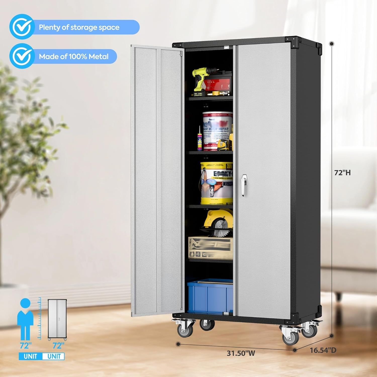 Tall Metal Storage Cabinet 183cm Lockable Doors Shelves Wheels Home