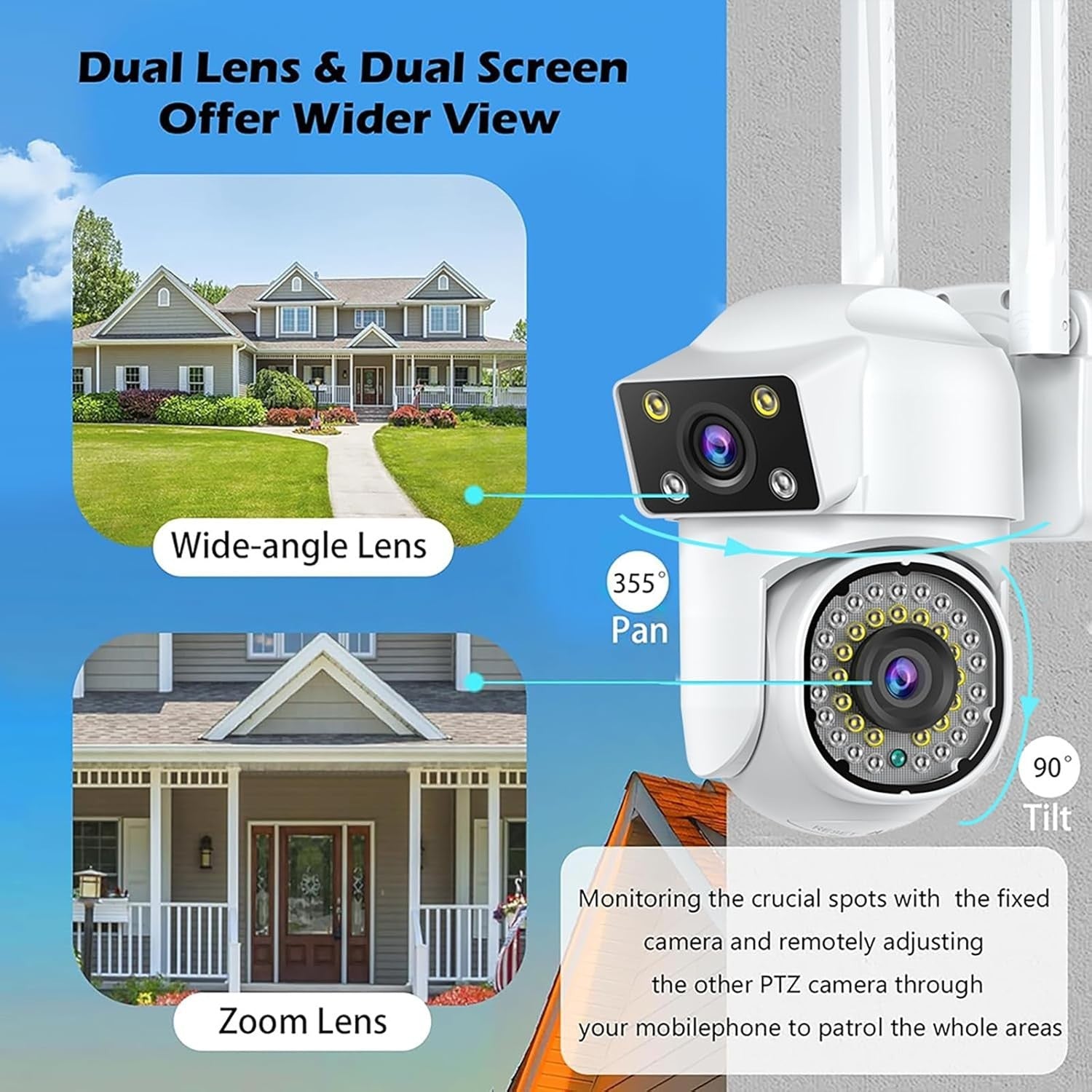 2K Dual Lens PTZ Security Camera Outdoor 360° WiFi Color Night Vision