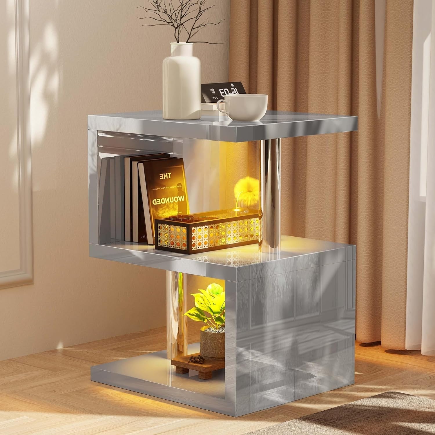 Grey Modern S-Shaped LED Side Table with RGB Lights & Storage Shelves 44x38x57cm