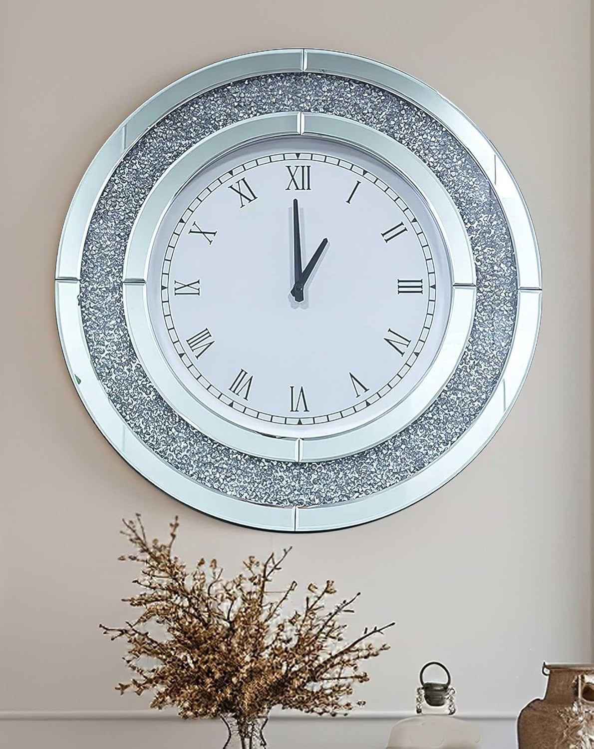 60cm Mirrored Wall Clock Silver Crushed Diamond Inlay Roman Numerals Bling