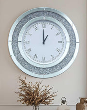 60cm Mirrored Wall Clock Silver Crushed Diamond Inlay Roman Numerals Bling