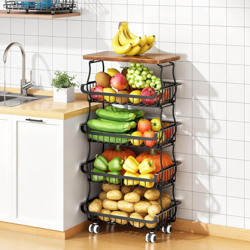 5 Tier Vegetable Fruit Basket Storage Cart Rolling Metal Pantry Organiser