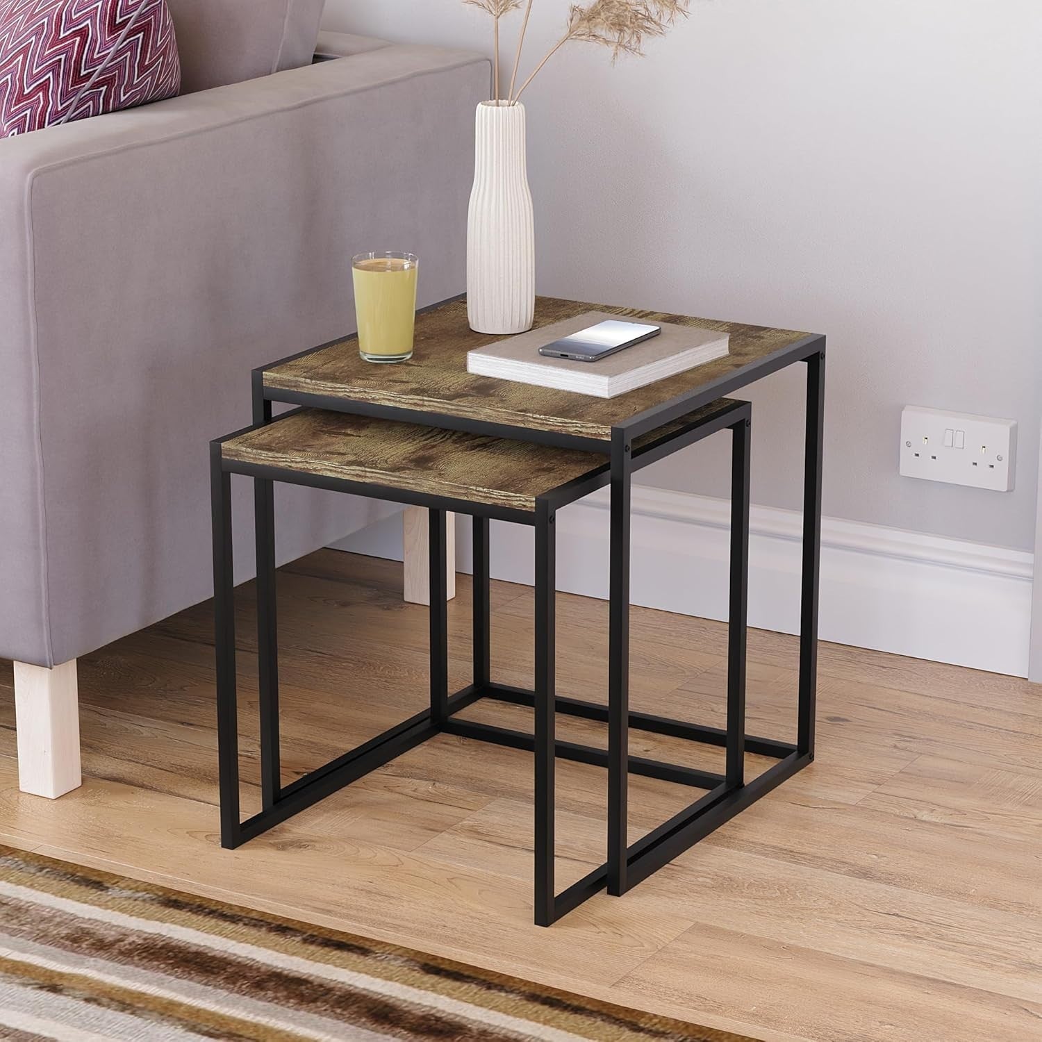 2x Industrial Dark Wood Metal Nesting Tables Set Side End Coffee Self Assembly