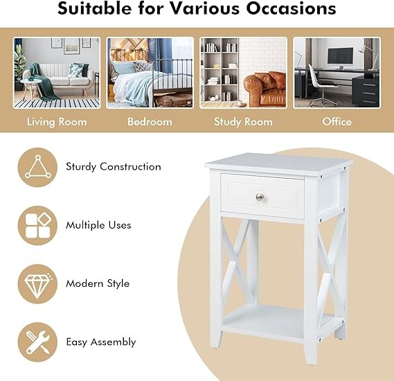 Modern X-Shaped Bedside Tables 2-Set with Drawer & Shelf for Bedroom Living Room