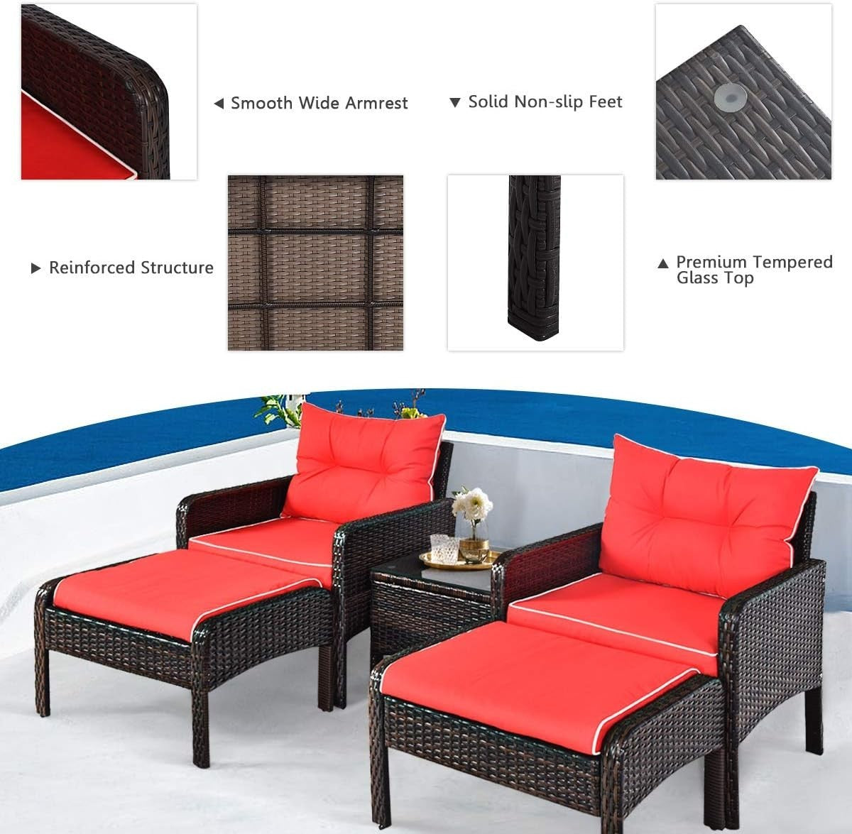 5PC Brown Red Outdoor Rattan Garden Sofa Set w/ Cushions & Glass Table